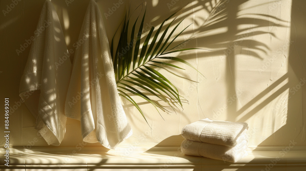 Bathroom scene with towels and a palm branch casting shadows. Perfect for showcasing beauty products. Bathroom scene with towels and a palm branch casting shadows. Perfect for showcasing beauty products.