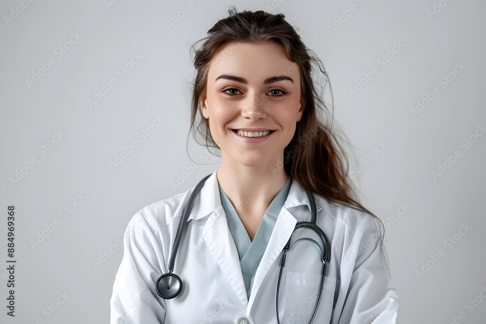 Smiling young woman, graduate student medical therapist or pediatrician, standing in a medical gown with a stethoscope on her shoulders on a white isolated background Smiling young woman, graduate student medical therapist or pediatrician, standing in a medical gown with a stethoscope on her shoulders on a white isolated background
