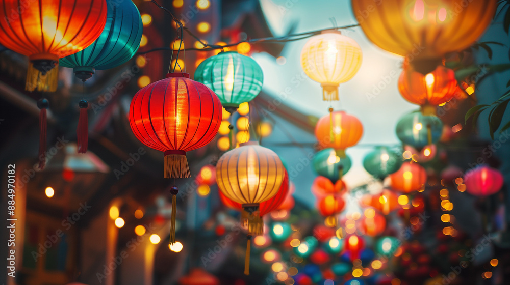 Colorful paper lanterns in the Mid-Autumn festival, bright sky background, lanterns of various shapes and sizes hanging in the air, festive and happy atmosphere Colorful paper lanterns in the Mid-Autumn festival, bright sky background, lanterns of various shapes and sizes hanging in the air, festive and happy atmosphere