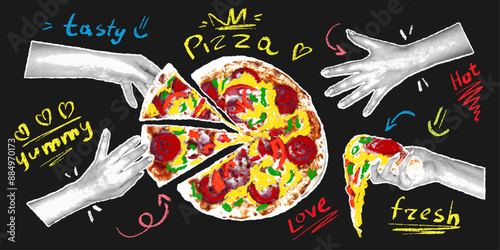 Round photorealistic pizza with pencil doodle texture. Hands with a halftone effect are reaching for a large pizza, a piece of pizza in hand. Vector illustration in retro collage style.