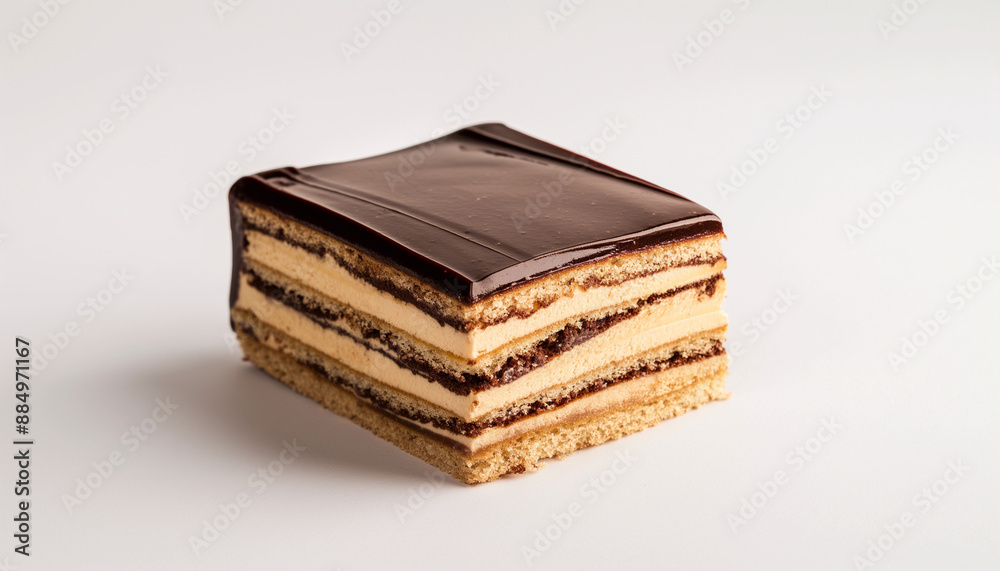 a classic French opera cake, featuring layers of almond sponge cake soaked in coffee syrup, layered with coffee buttercream and chocolate ganache, set against a clean white background a classic French opera cake, featuring layers of almond sponge cake soaked in coffee syrup, layered with coffee buttercream and chocolate ganache, set against a clean white background