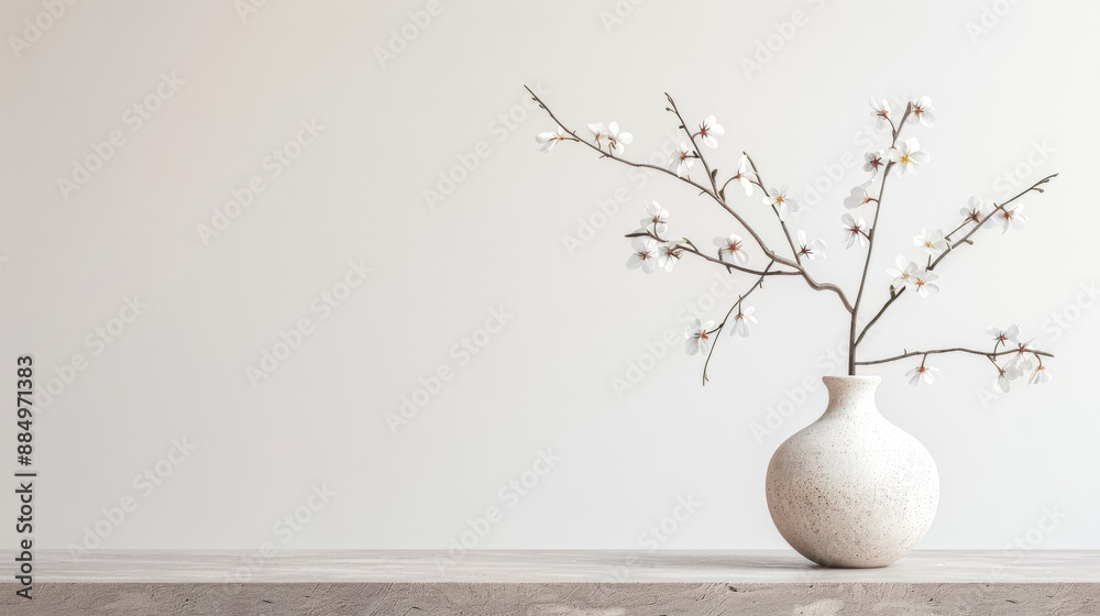 Cherry blossom branch standing in white vase on empty surface with wall background Cherry blossom branch standing in white vase on empty surface with wall background