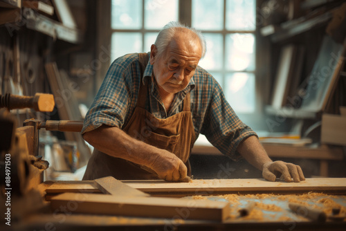 an elderly carpenter works in a carpentry workshop