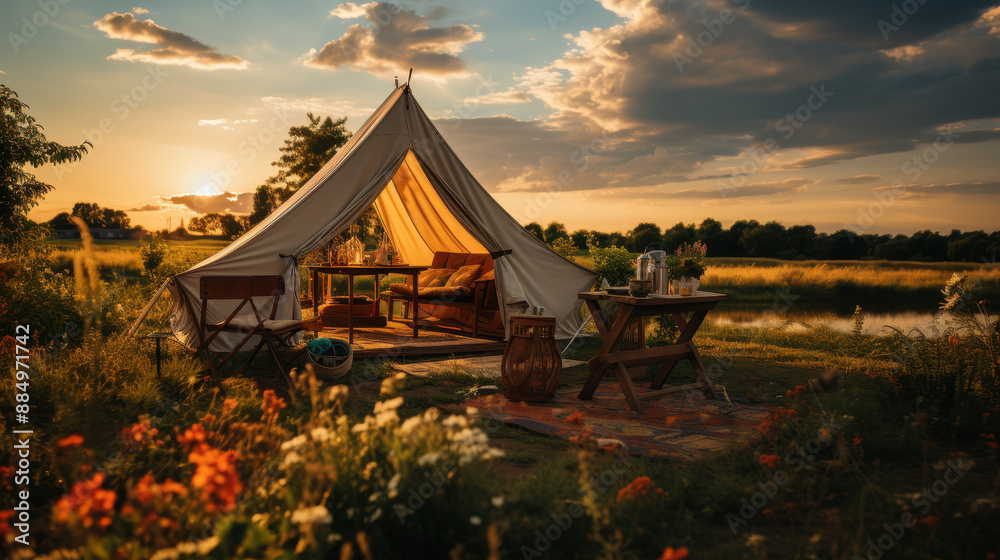 A tent in a field. Created with generative AI A tent in a field. Created with generative AI