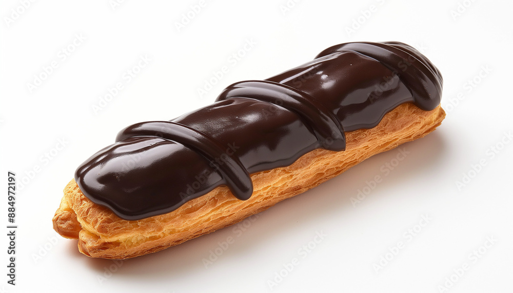 Obraz premium a traditional French éclair, featuring a choux pastry filled with rich pastry cream and topped with a glossy chocolate glaze, set against a clean white background