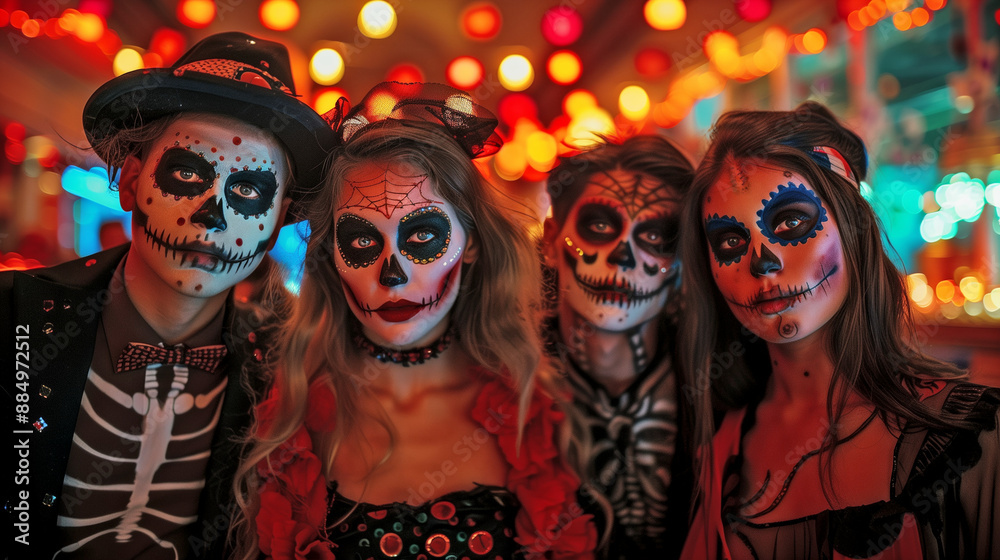 A group of friends is assembling in Halloween costume set against a blurry light background. A group of friends is assembling in Halloween costume set against a blurry light background.