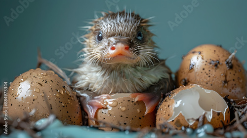 Charming Baby Platypus Emerging from Cracked Eggshell with Nearby Unbroken Eggs on Deep Blue Background