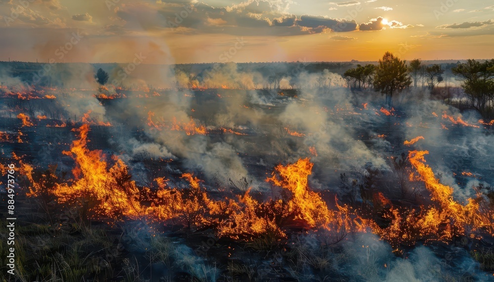 Fototapeta premium A field fire burns with flames and smoke at sunset.