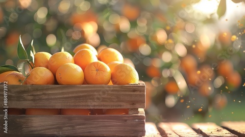 Wooden crate full of ripe and juicy oranges sitting on a wooden table in an orange grove