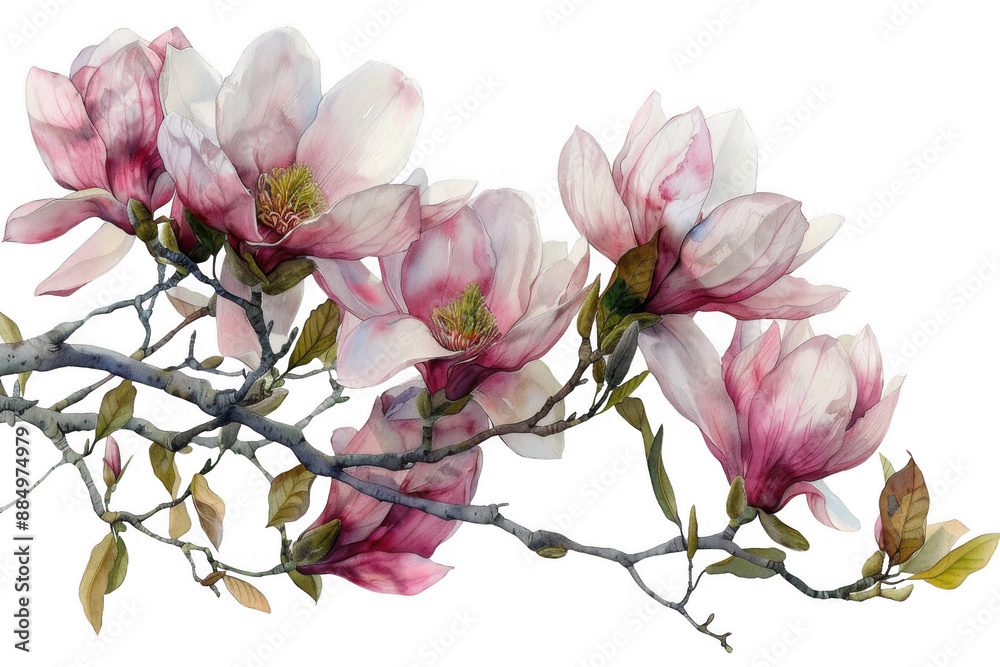 Fototapeta premium Beautiful close-up of pink magnolia blossoms on a branch, showcasing nature's delicate and vibrant floral beauty. Ideal for spring themes.