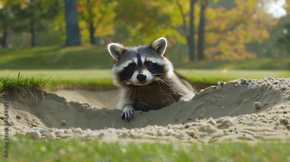A raccoon exploring the edge of a sand trap on a golf course A raccoon exploring the edge of a sand trap on a golf course
