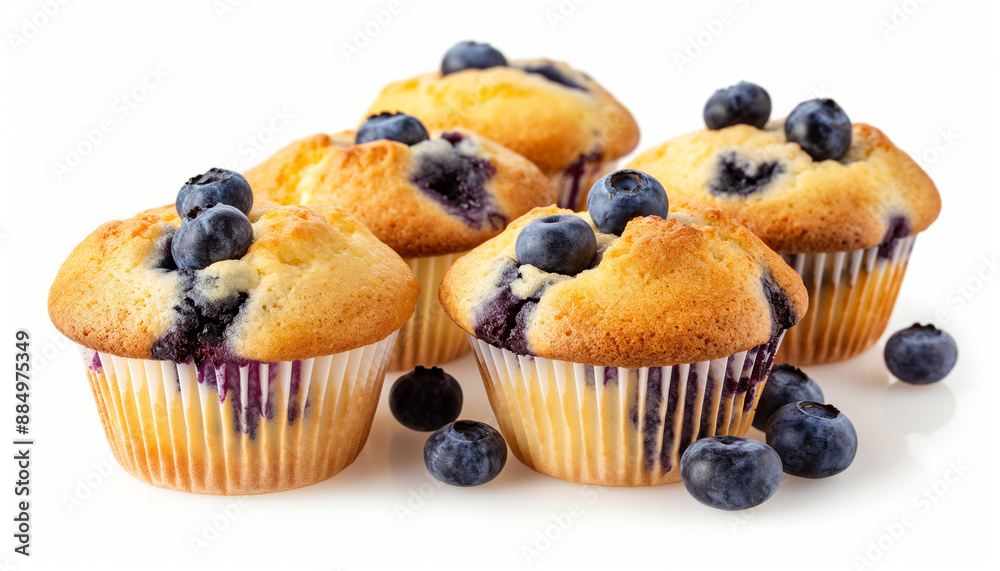 classic blueberry muffins, featuring golden-brown tops with a soft, fluffy interior, bursting with juicy blueberries, set against a clean white background