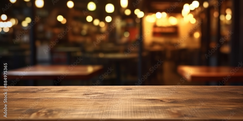 Wooden Table Top with Blurred Restaurant Background Wooden Table Top with Blurred Restaurant Background
