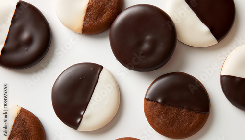 classic black and white cookies, featuring large, round cookies with a half-vanilla, half-chocolate fondant glaze, set against a clean white background