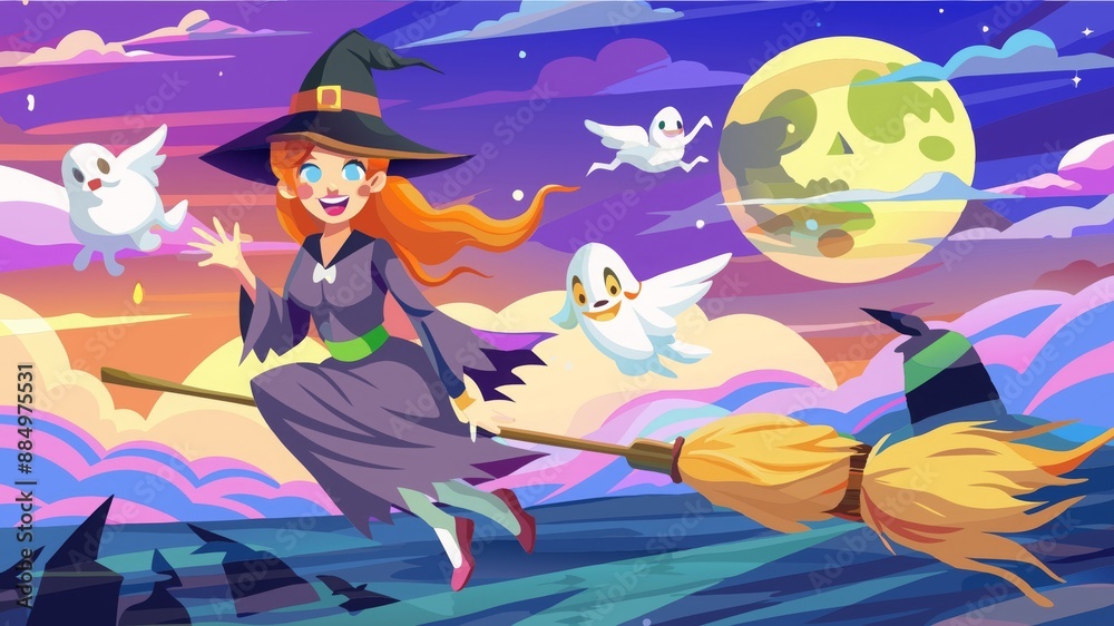 Charming Witch Flying on a Broomstick with Friendly Ghost Companions Against Bright Cheerful Sky Charming Witch Flying on a Broomstick with Friendly Ghost Companions Against Bright Cheerful Sky