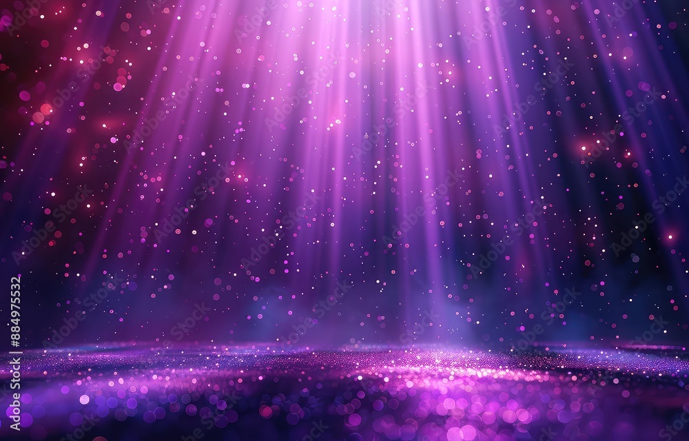 Purple glitter particles floating on dark background with glowing spotlights Purple glitter particles floating on dark background with glowing spotlights