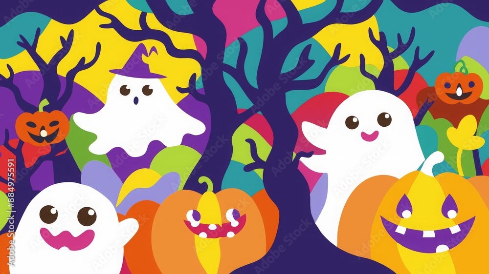 Naklejka premium Adorable Ghosts and Pumpkins Playing in a Bright and Cheerful Halloween Forest