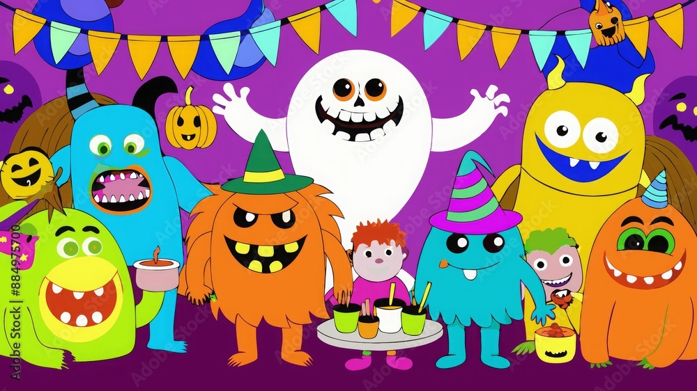 Naklejka premium Friendly Monsters and Happy Ghosts at a Fun Halloween Party