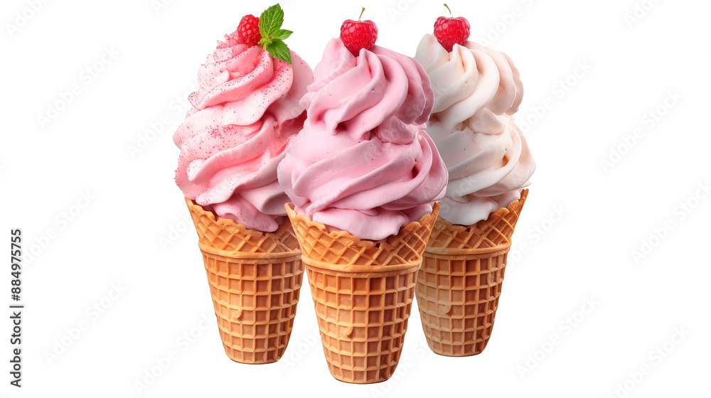 Soft serve yogurt ice cream swirl on waffle cone isolated on transparent background, ideal for dessert menu designs and food photography in PNG format. Soft serve yogurt ice cream swirl on waffle cone isolated on transparent background, ideal for dessert menu designs and food photography in PNG format.