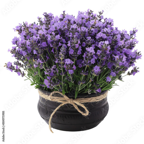 Lavender flowers in a black pot wrapped with twine, perfect for home decor and gardening enthusiasts. Clean white background.