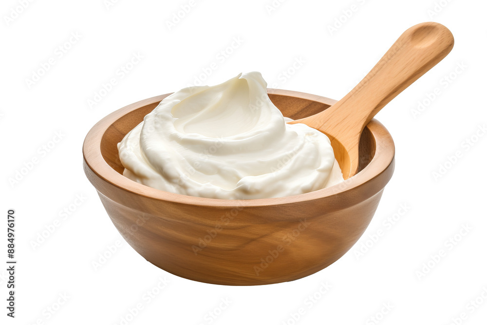 Sour cream in wooden bowl with spoon, isolated PNG with transparent background, ideal for recipes, cooking, and food photography Sour cream in wooden bowl with spoon, isolated PNG with transparent background, ideal for recipes, cooking, and food photography