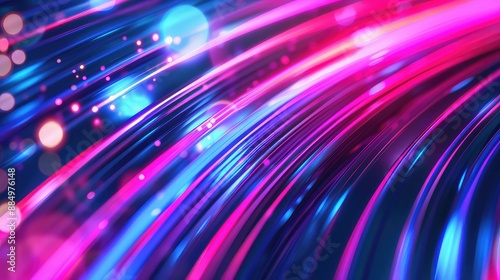 Glowing neon lights forming elegant curves with shiny particles in the background