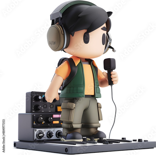 Obraz na płótnie Chibi Style 3D Character of Sound Engineer Adjusting Microphone with Headphones and Audio Mixer