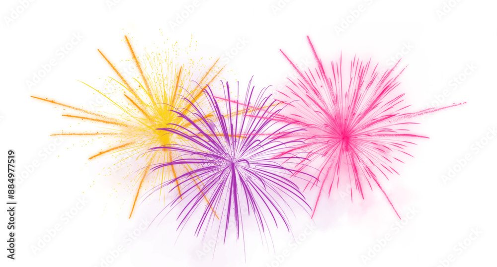 Fototapeta premium Colorful fireworks display against a transparent background , featuring vibrant bursts of yellow, purple, and pink. Perfect for festive, celebration, and holiday-themed projects