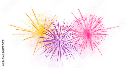 Colorful fireworks display against a transparent background , featuring vibrant bursts of yellow, purple, and pink. Perfect for festive, celebration, and holiday-themed projects