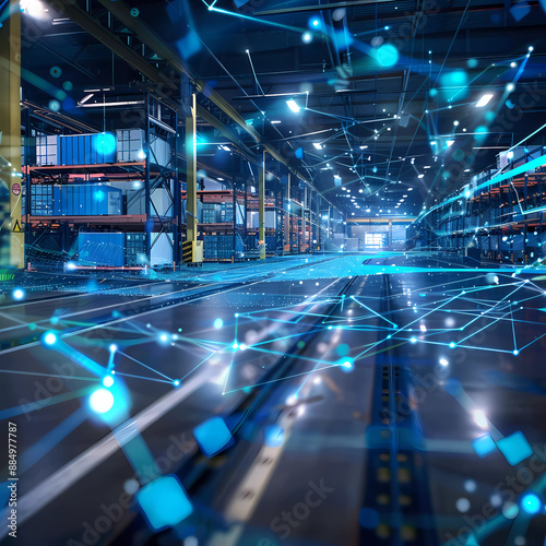 A holographic projection of a supply chain network diagram in a logistics center, business, dynamic and dramatic compositions, with copy space Generative AI	
