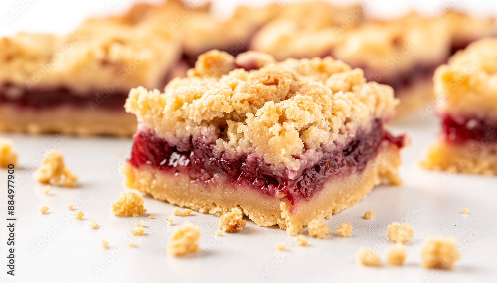 classic crumble bars, featuring a buttery, crumbly base topped with a layer of sweet fruit filling and finished with a streusel topping, set against a clean white background classic crumble bars, featuring a buttery, crumbly base topped with a layer of sweet fruit filling and finished with a streusel topping, set against a clean white background