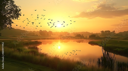Birds flying over a golf course pond with the sun setting in the background