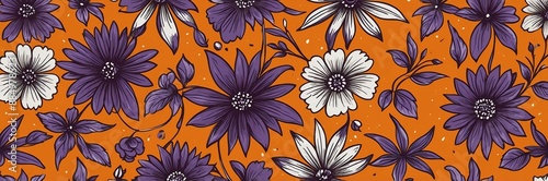 mini purple flowers theme border and orange background website banner	