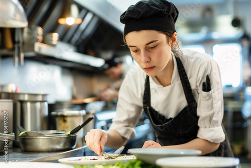 Fototapeta Naklejka Na Ścianę i Meble -  Moivierte Auszubildende bei der Arbeit als Köchin in der Restaurant Küche