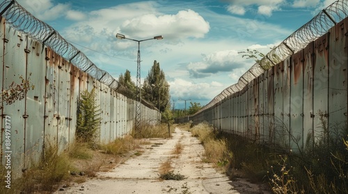 Long and winding road to freedom through a barbed wire fence photo