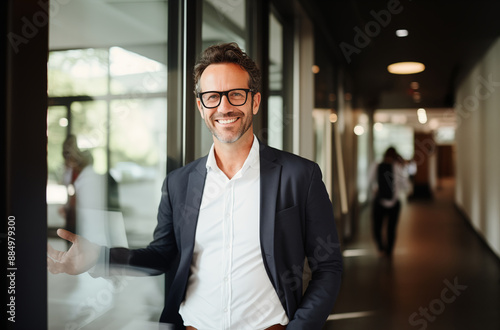 Confident Businessman Smiling And Standing By Glass Window In Modern Office Hallway With Colleagues