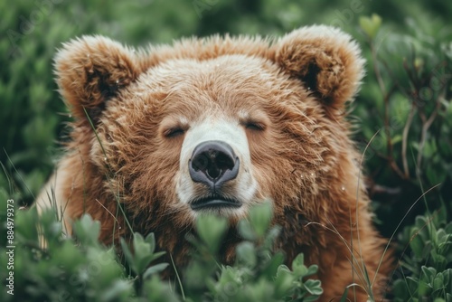 Brown bear resting peacefully amidst green foliage with closed eyes. photo