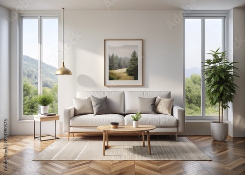 White minimalist living room interior with sofa on a wooden floor, decor on a large wall, white landscape in window. Home Nordic interior | Scandinavian interior poster mock up,Generative AI.