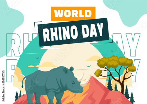 Rhino Day Social Media Background Flat Cartoon Hand Drawn Templates Illustration
