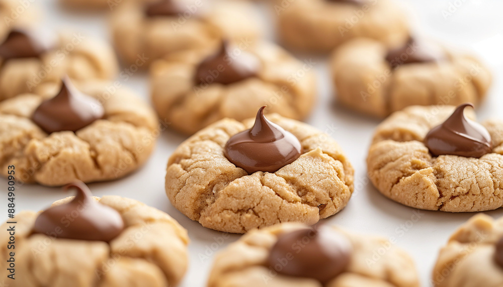 classic peanut butter blossom cookies, featuring round peanut butter cookies with a Hershey's Kiss pressed into the center, set against a clean white background classic peanut butter blossom cookies, featuring round peanut butter cookies with a Hershey's Kiss pressed into the center, set against a clean white background