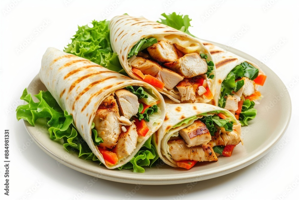 A plate of Delicious Grilled Chicken Wraps Isolated on a white background A plate of Delicious Grilled Chicken Wraps Isolated on a white background