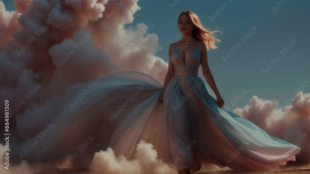 Beautiful woman in long dress on smoke background Beautiful woman in long dress on smoke background