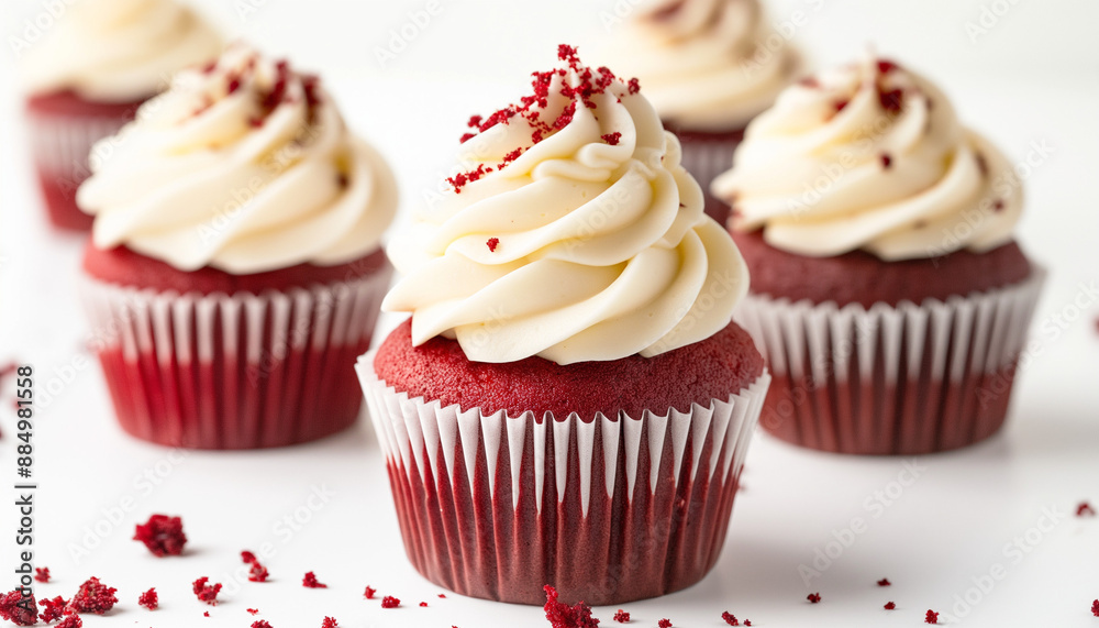 classic red velvet cupcakes, featuring a rich, red-hued sponge with a slightly domed top, topped with a generous swirl of cream cheese frosting, set against a clean white background classic red velvet cupcakes, featuring a rich, red-hued sponge with a slightly domed top, topped with a generous swirl of cream cheese frosting, set against a clean white background