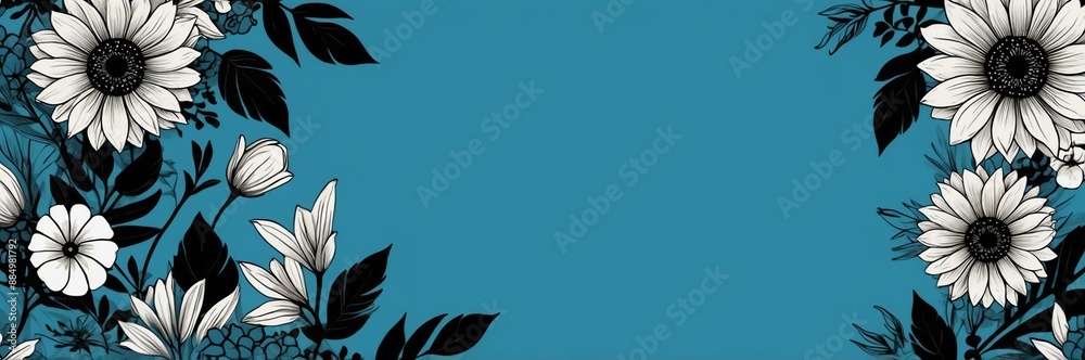 Fototapeta premium mini black flowers theme border and blue background website banner