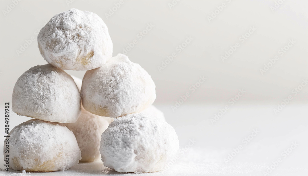 classic snowball cookies, featuring round, nutty cookies rolled in powdered sugar to create a snowy appearance, set against a clean white background classic snowball cookies, featuring round, nutty cookies rolled in powdered sugar to create a snowy appearance, set against a clean white background