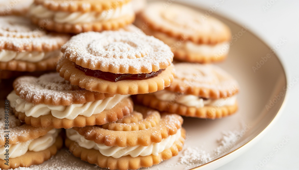 classic Viennese whirls, featuring buttery, melt-in-your-mouth sandwich cookies with a layer of jam and buttercream in the center, the top cookie dusted with powdered sugar classic Viennese whirls, featuring buttery, melt-in-your-mouth sandwich cookies with a layer of jam and buttercream in the center, the top cookie dusted with powdered sugar