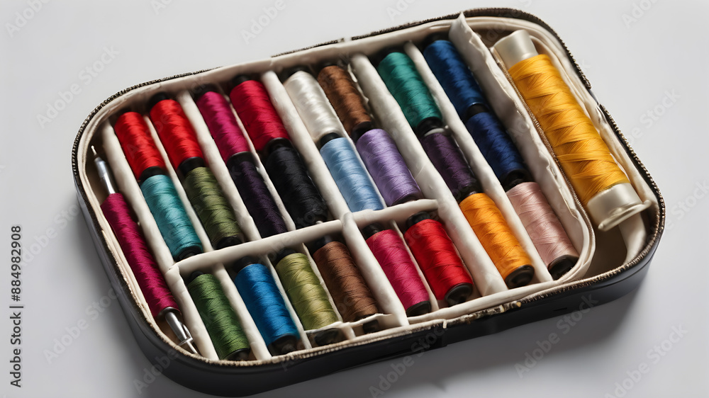 Naklejka premium A compact sewing kit with threads and needles on a white background