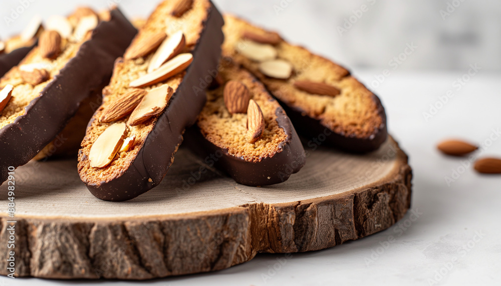 traditional biscotti, featuring twice-baked, elongated cookies studded with almonds and dipped in dark chocolate, arranged neatly on a rustic wooden board against a clean white background traditional biscotti, featuring twice-baked, elongated cookies studded with almonds and dipped in dark chocolate, arranged neatly on a rustic wooden board against a clean white background
