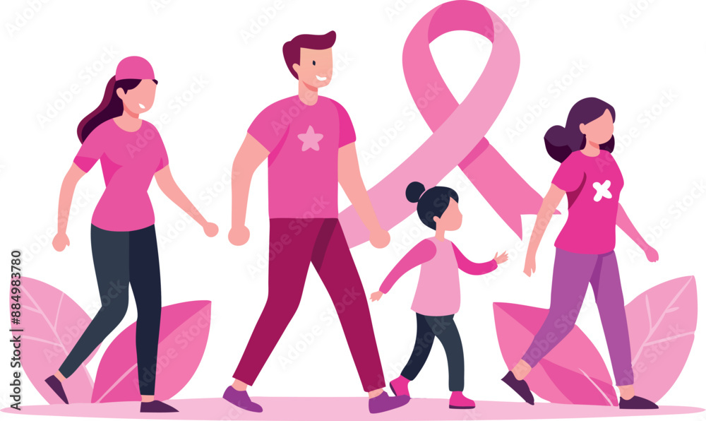 Group of people walking together for breast cancer awareness wearing pink ribbons Group of people walking together for breast cancer awareness wearing pink ribbons