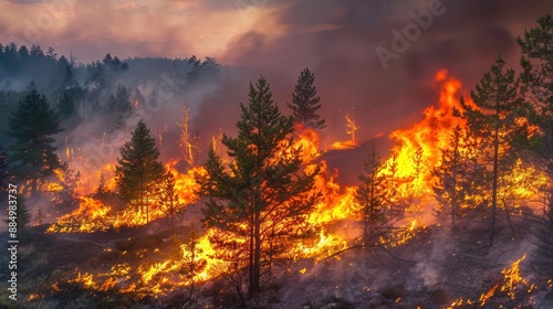 A forest fire burns intensely, engulfing trees and sending smoke into the air.